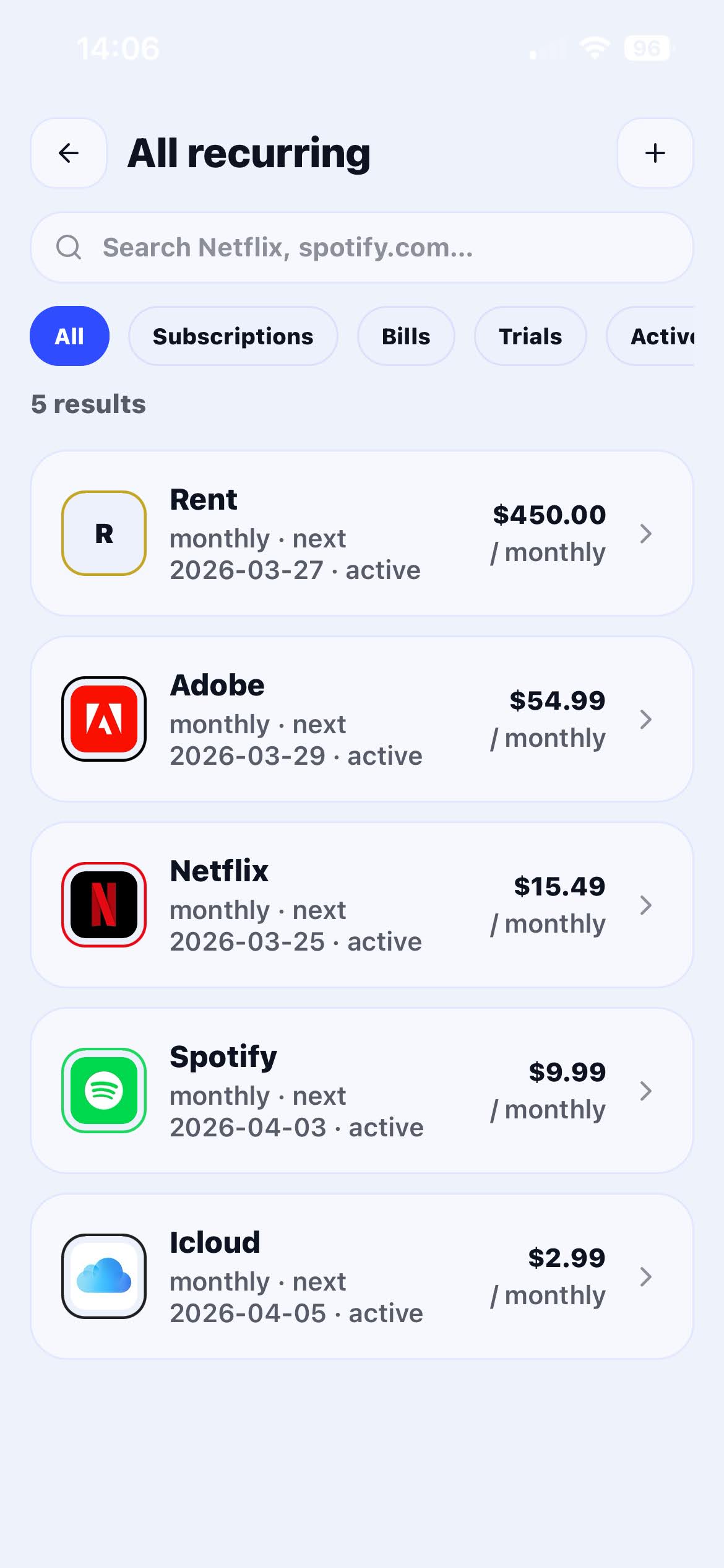 Subscription dashboard